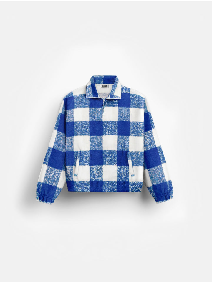 Oversize Checked Zipper Pullover - Saks Blue
