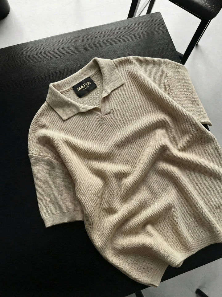 Oversize Collar Ribbed Knit T-Shirt - Stone