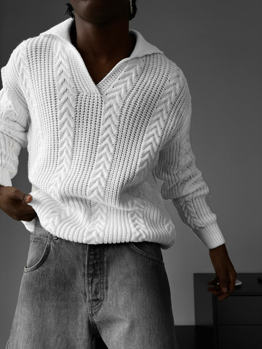 Oversize Braided Structure Polo Sweater - Bright White