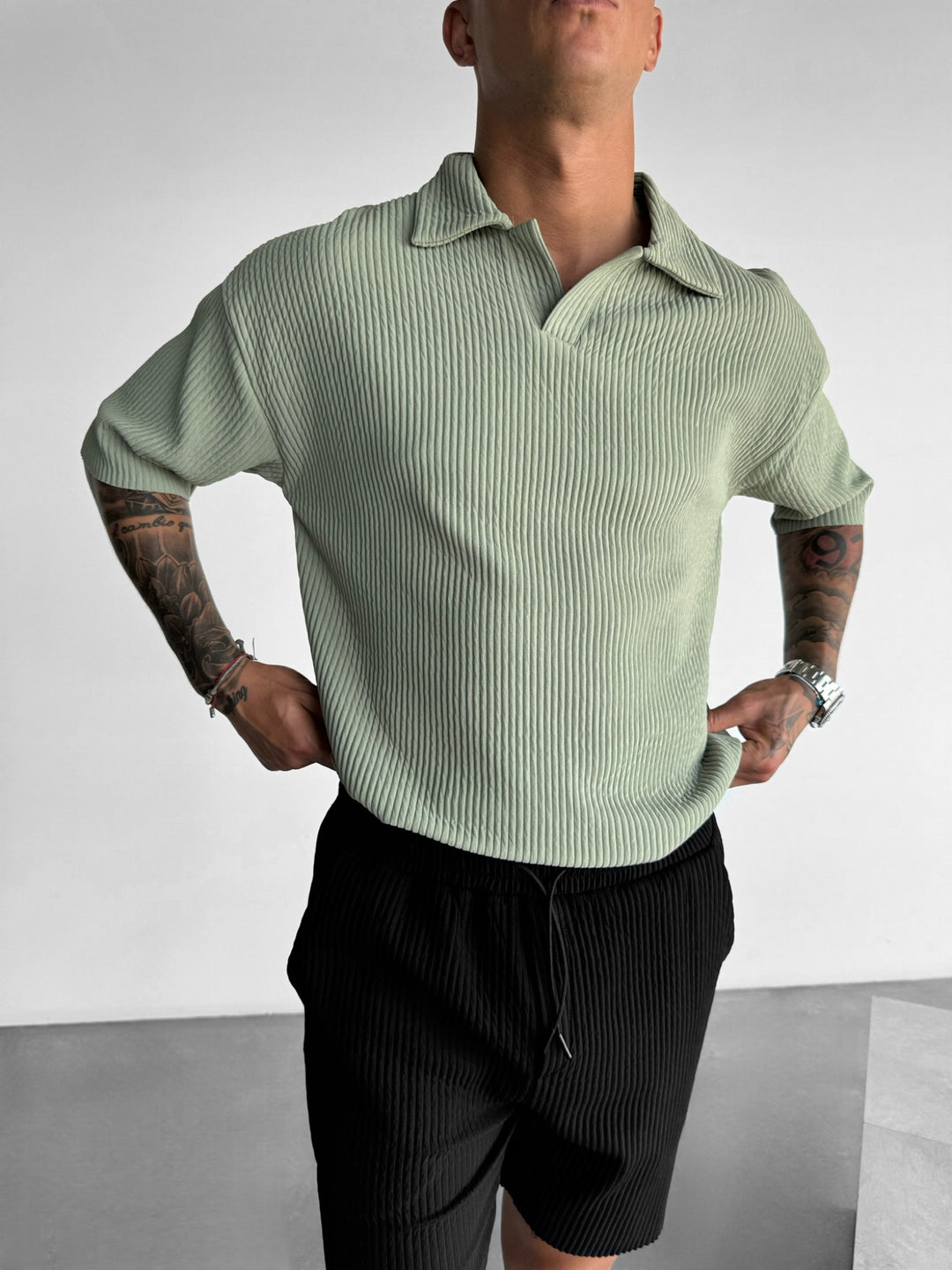 Oversize Ribbed Polo T-Shirt - Green