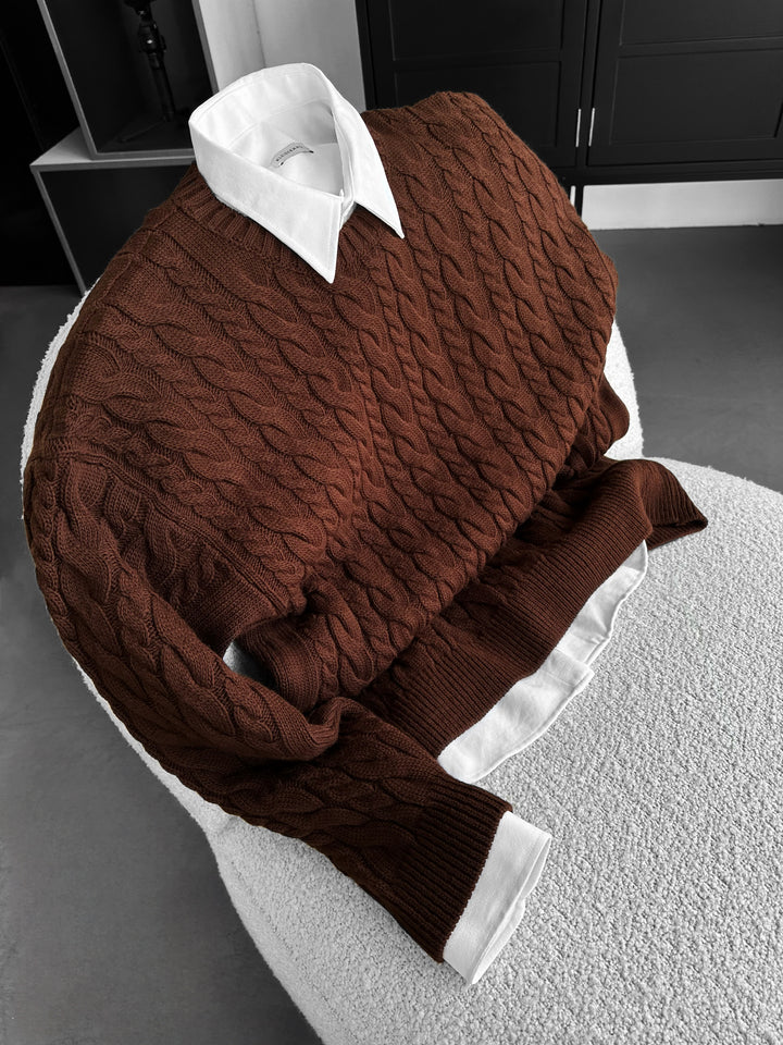 Oversize Knit Braid Sweater - Dark Brown