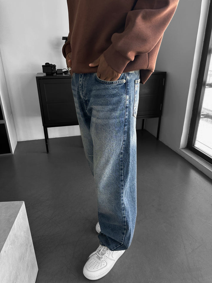 Baggy Stitched Jeans - Dark Blue