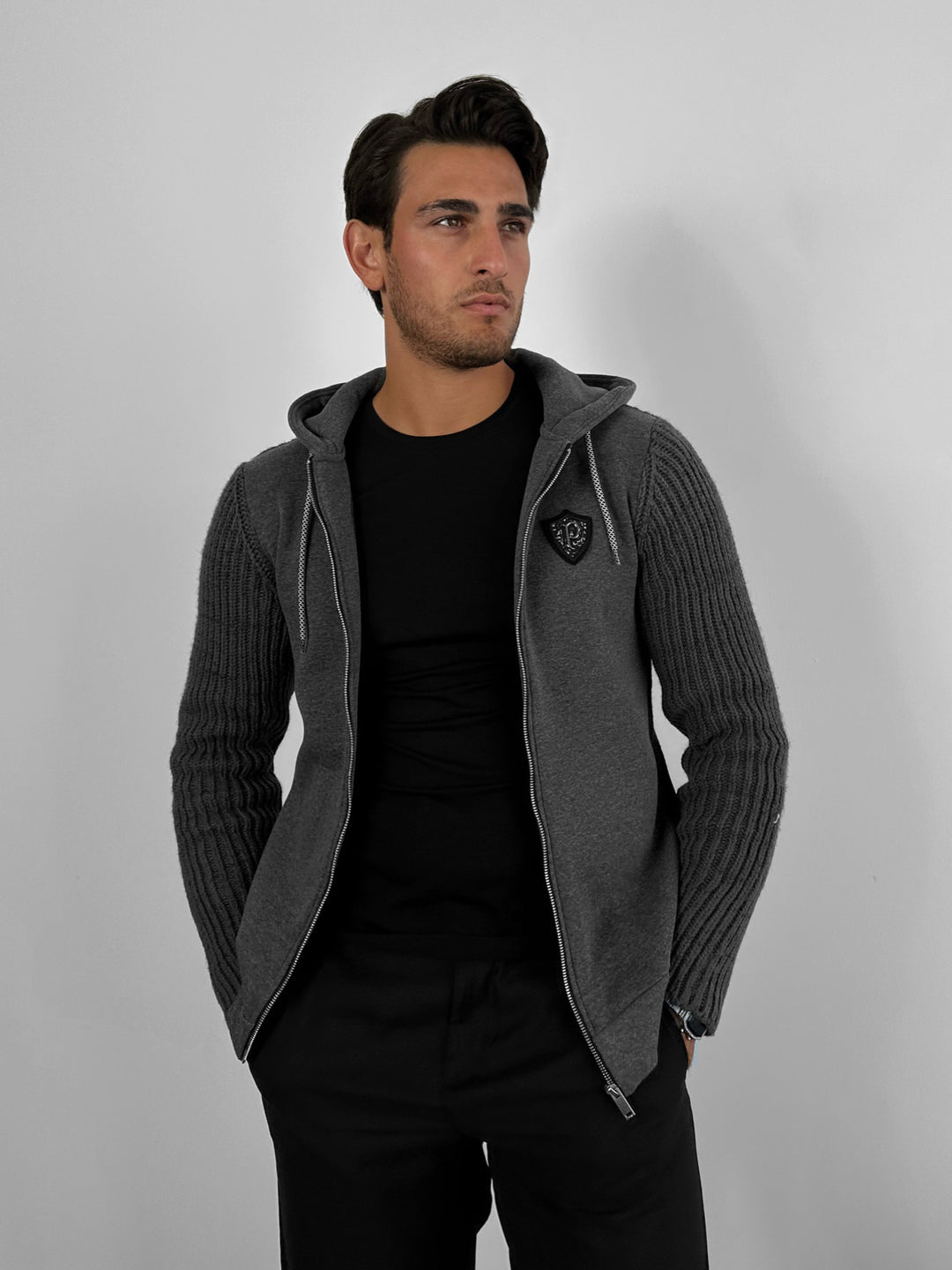 Regular Fit Knit Detail Zip Hoodie - Anthracite
