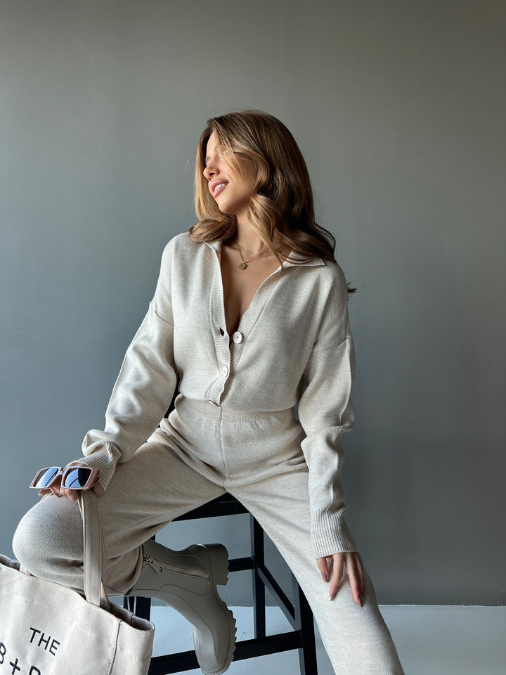 Long Arm Knit Jumpsuit - Beige