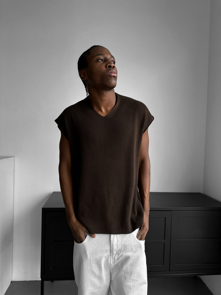 Oversize rolled Edge Knit Tanktop - Dark Brown