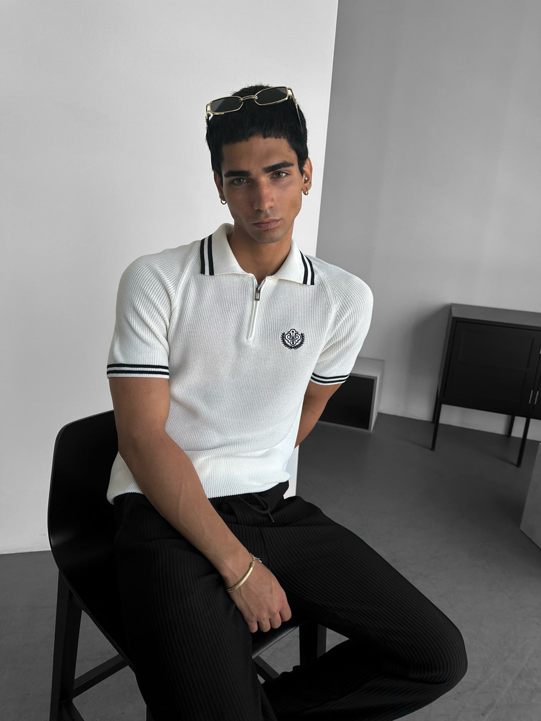 Slim Fit Half-Zip Embroidered Polo T-shirt - Ecru and Black