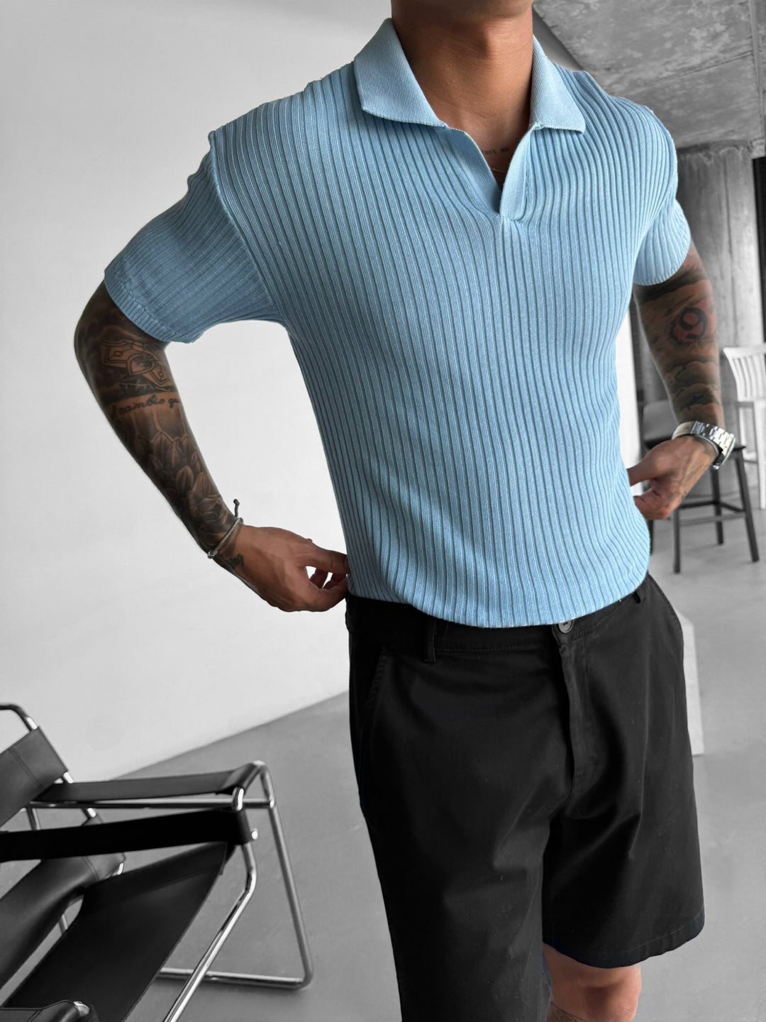 Slim Fit Knit Polo T-Shirt - Babyblue