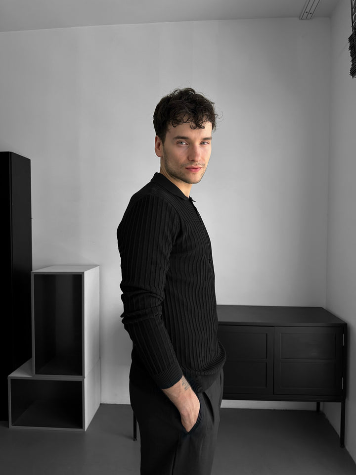 Slim Fit Polo Knit Sweater - Black