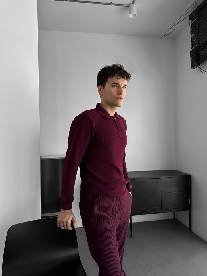 Loose Fit Polo Knit Sweater - Bordeaux