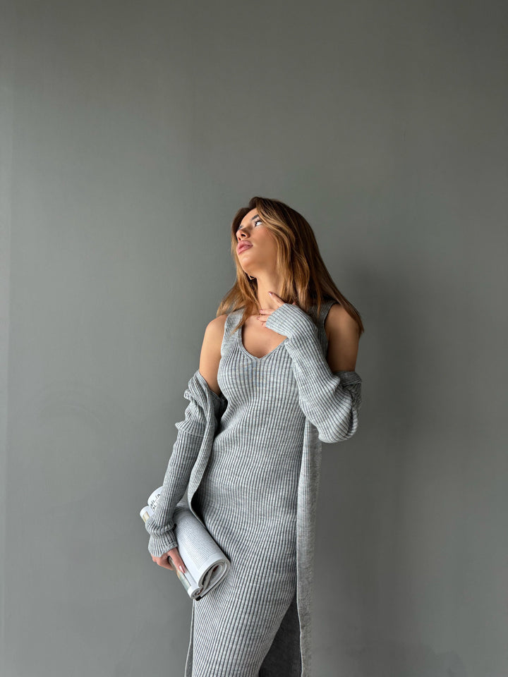 Maxi Knit Dress with Long Cardigan - Grey