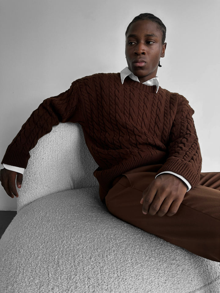 Oversize Knit Braid Sweater - Dark Brown