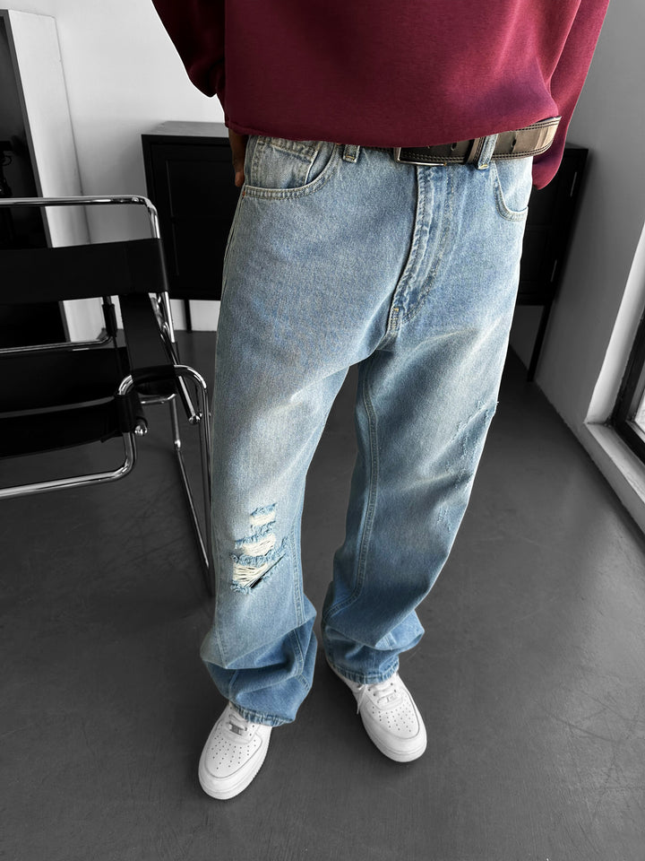 Baggy Washed Torn Jeans - Blue
