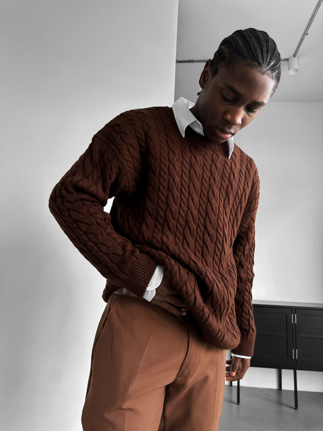 Oversize Knit Braid Sweater - Dark Brown