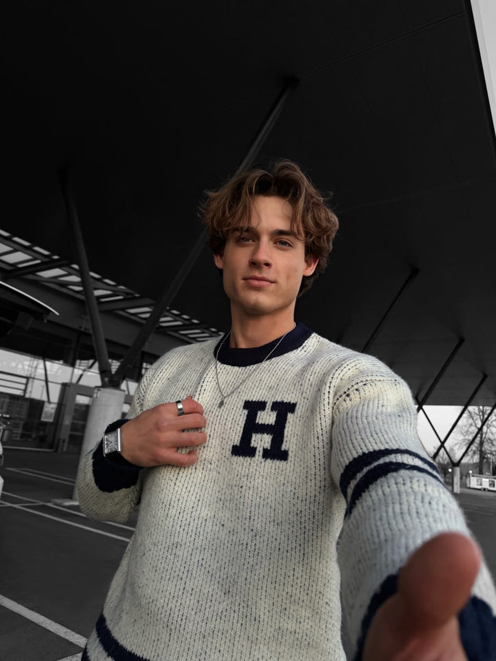 Oversize Knit Letter Sweater - Navy Blue