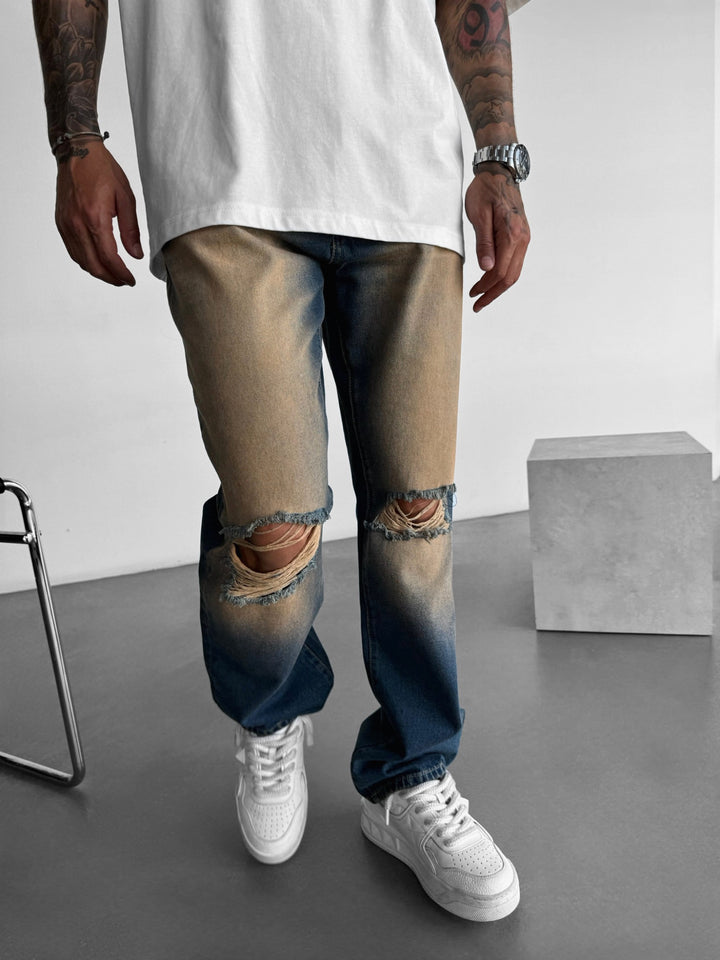 Baggy Torn Washed Jeans - Ochre