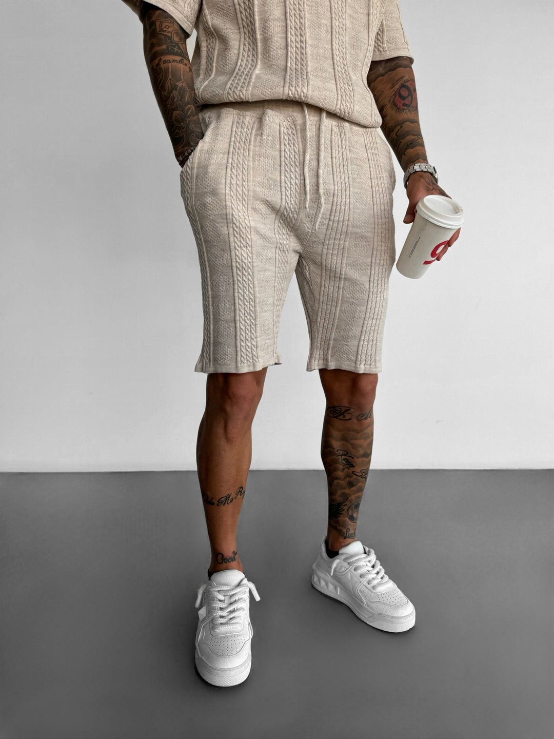 Loose Fit Structure Knit Shorts - Beige