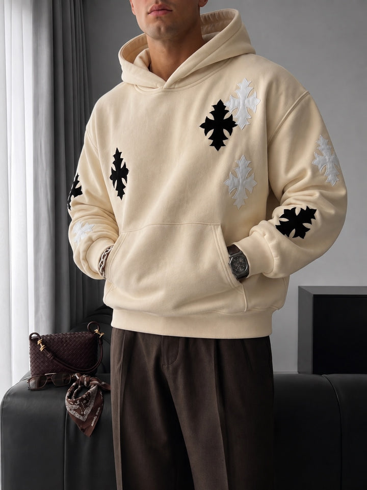 Oversize Gothic Cross Hoodie - Beige