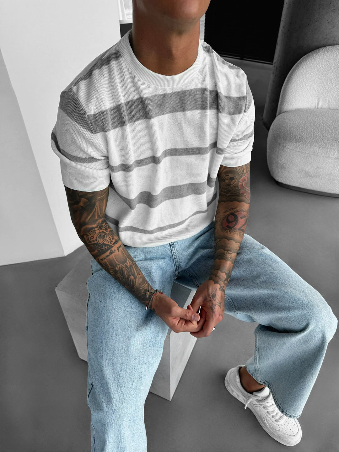 Knit Striped T-shirt - Grey