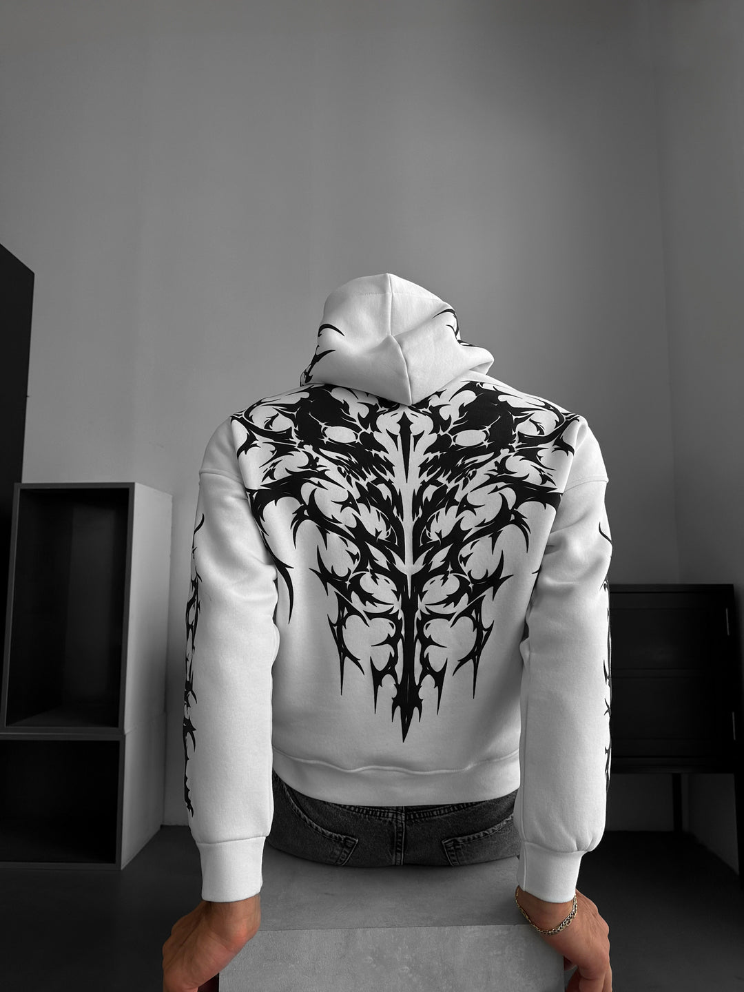 Oversize Skull Flame Hoodie - White