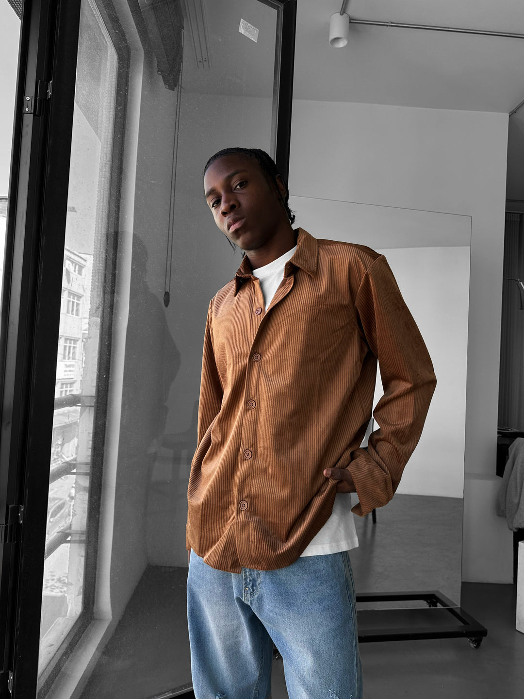 Regular Fit Velvet Shirt - Camel