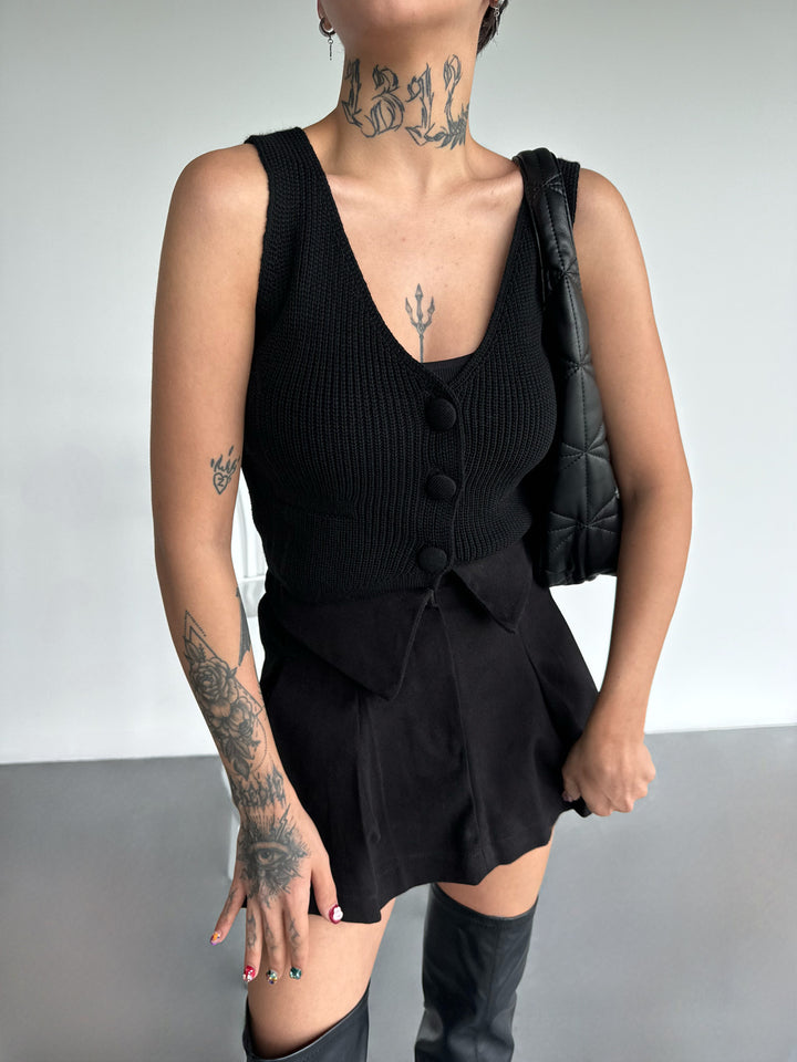 Knit Vest with Buttons - Black