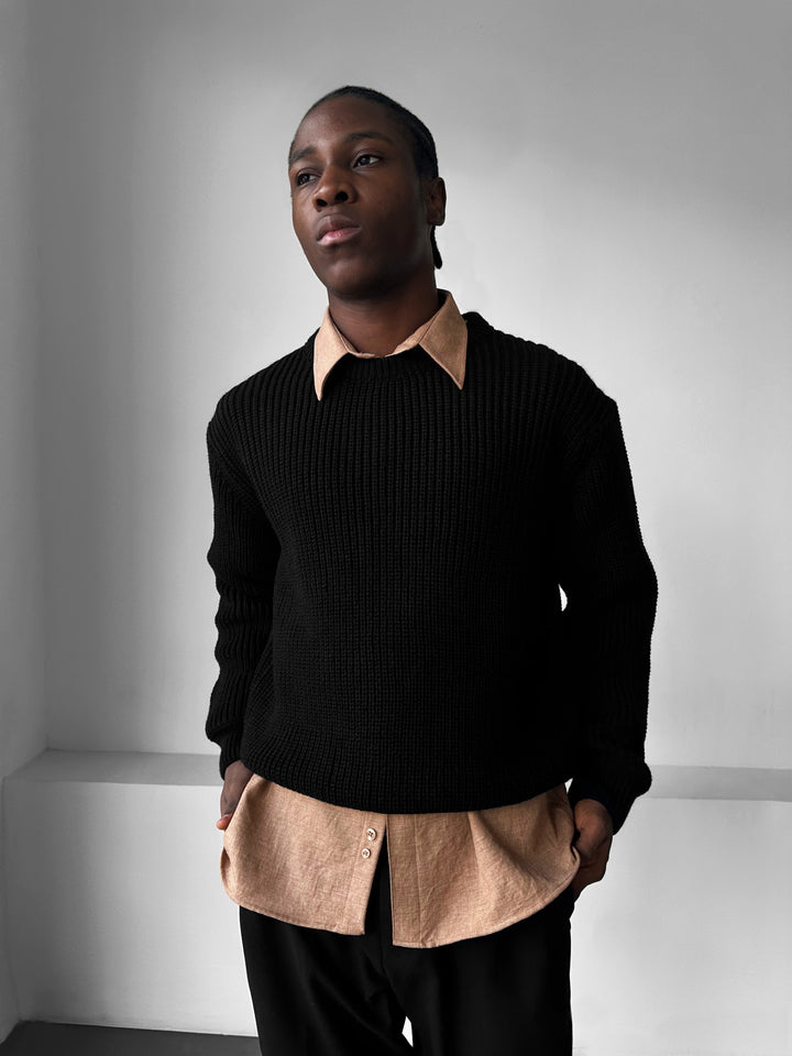 Oversize Structured Knit Sweater - Black