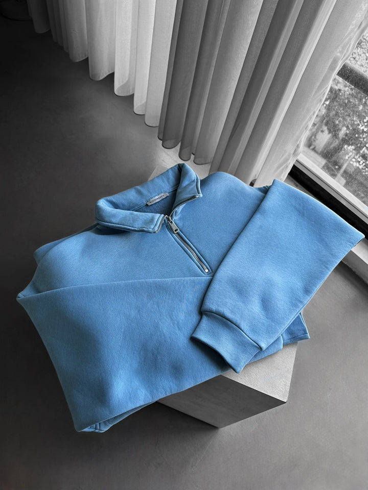 Oversize Half-Zip Polo Sweatshirt - Faded Denim