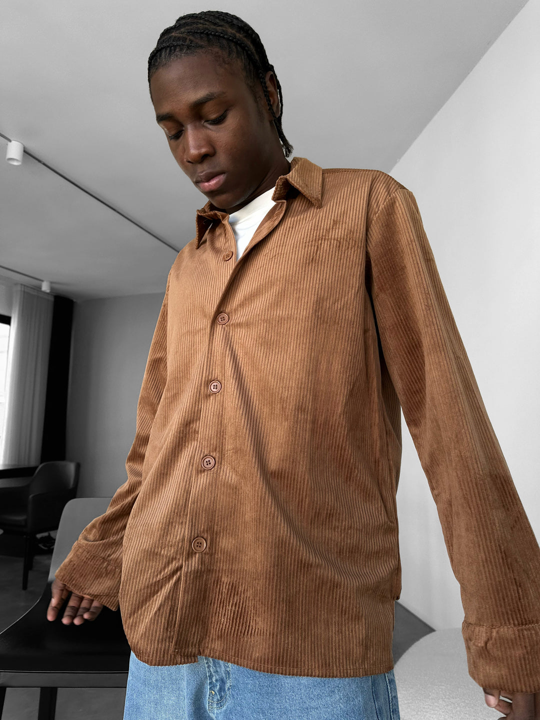 Regular Fit Velvet Shirt - Camel