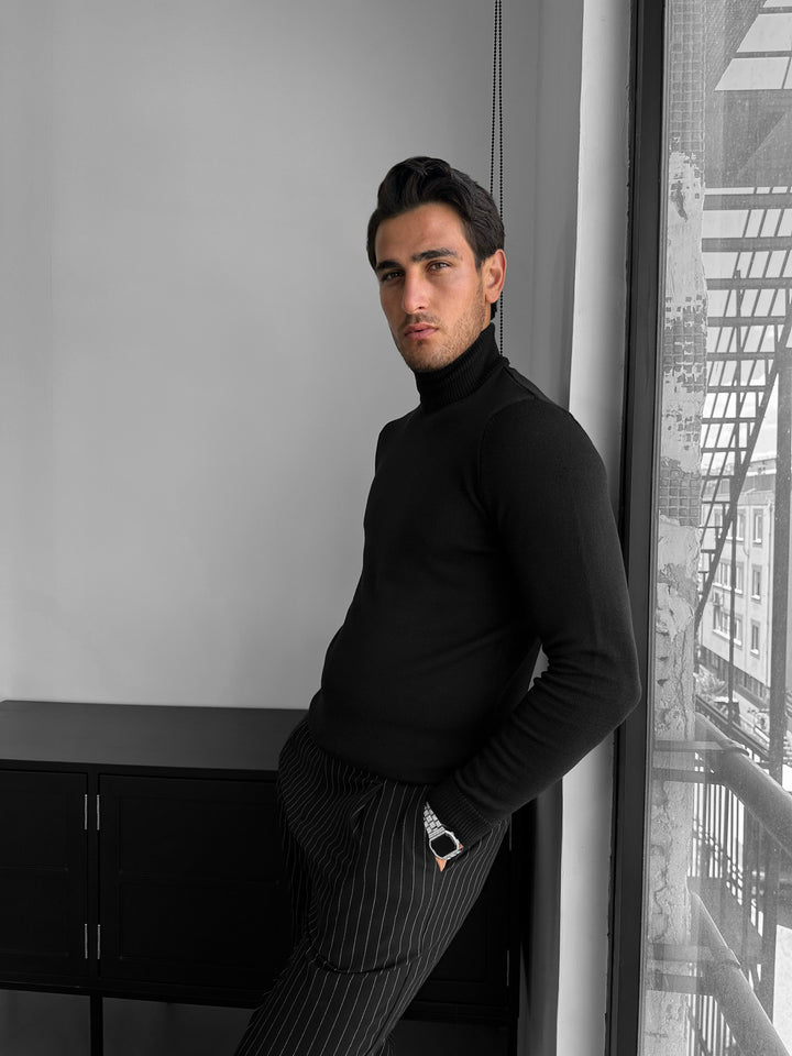 Slim Fit Long Neck Pullover - Black