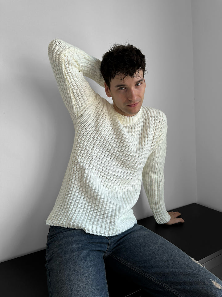 Slim Fit Braid Knit Sweater - White