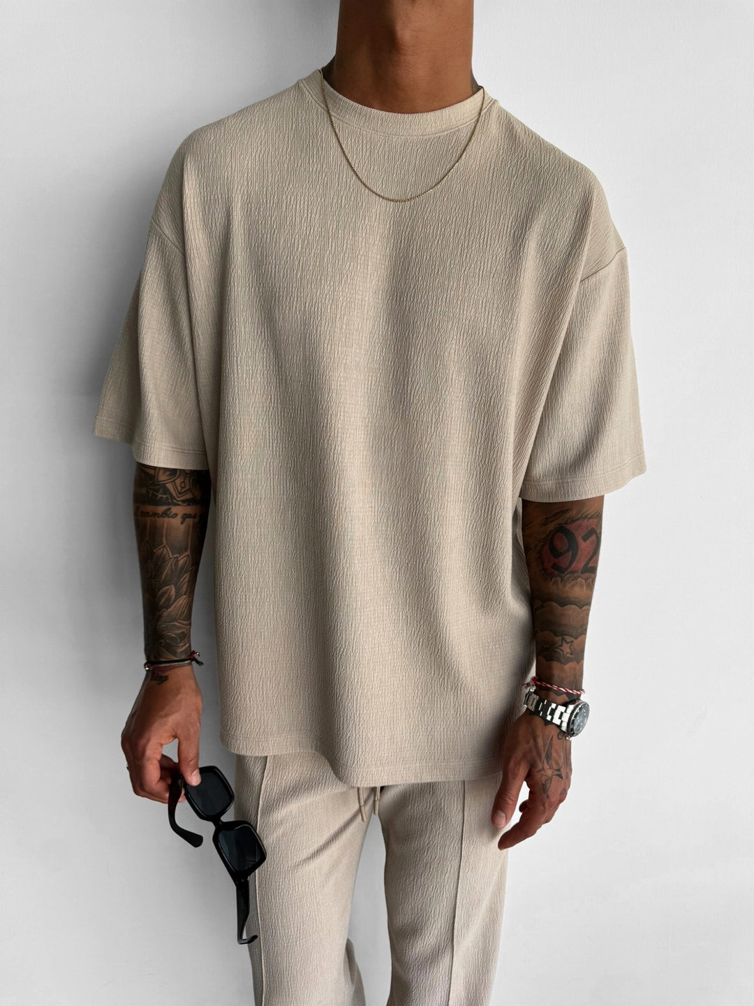 Oversize Plissee Textured T-Shirt - Beige