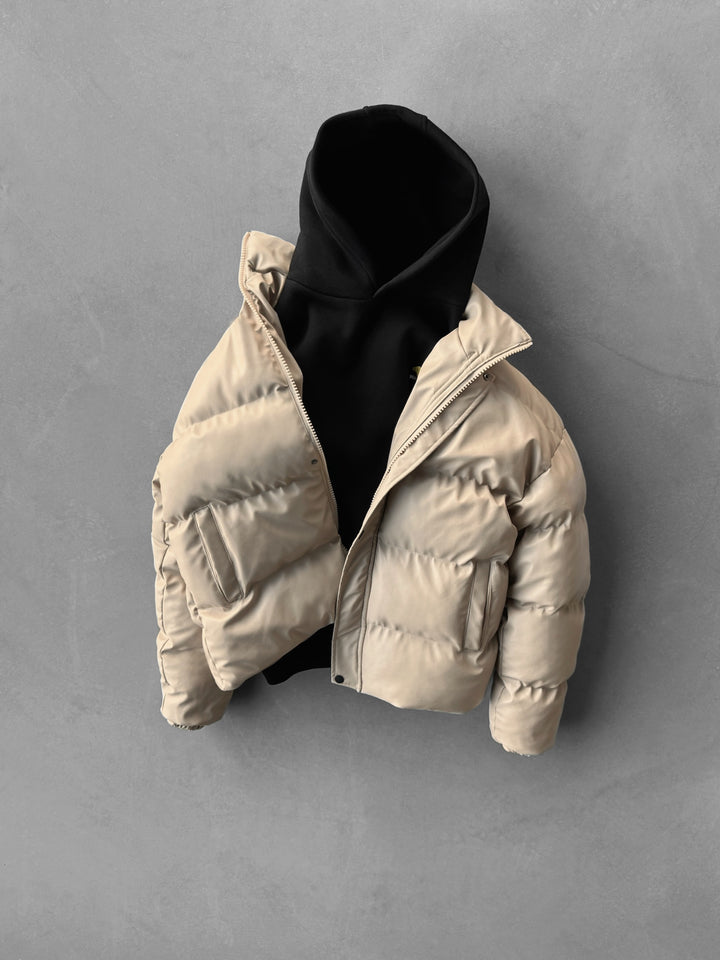 Oversize Leather Jacket - Beige