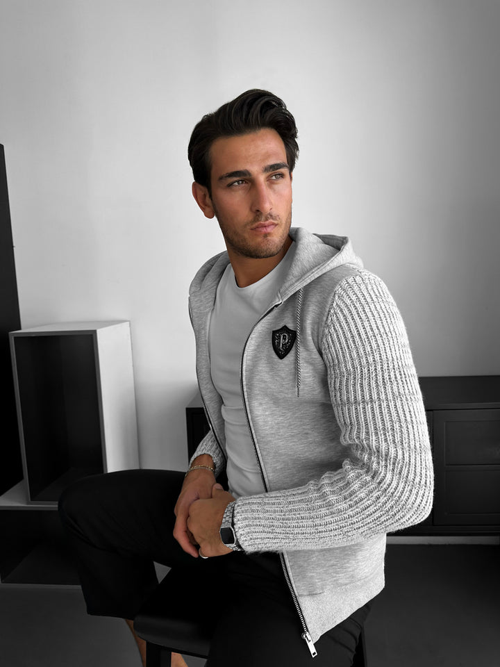 Regular Fit Knit Detail Zip Hoodie - Grey