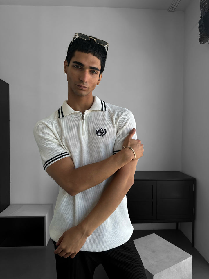Slim Fit Half-Zip Embroidered Polo T-shirt - Ecru and Black