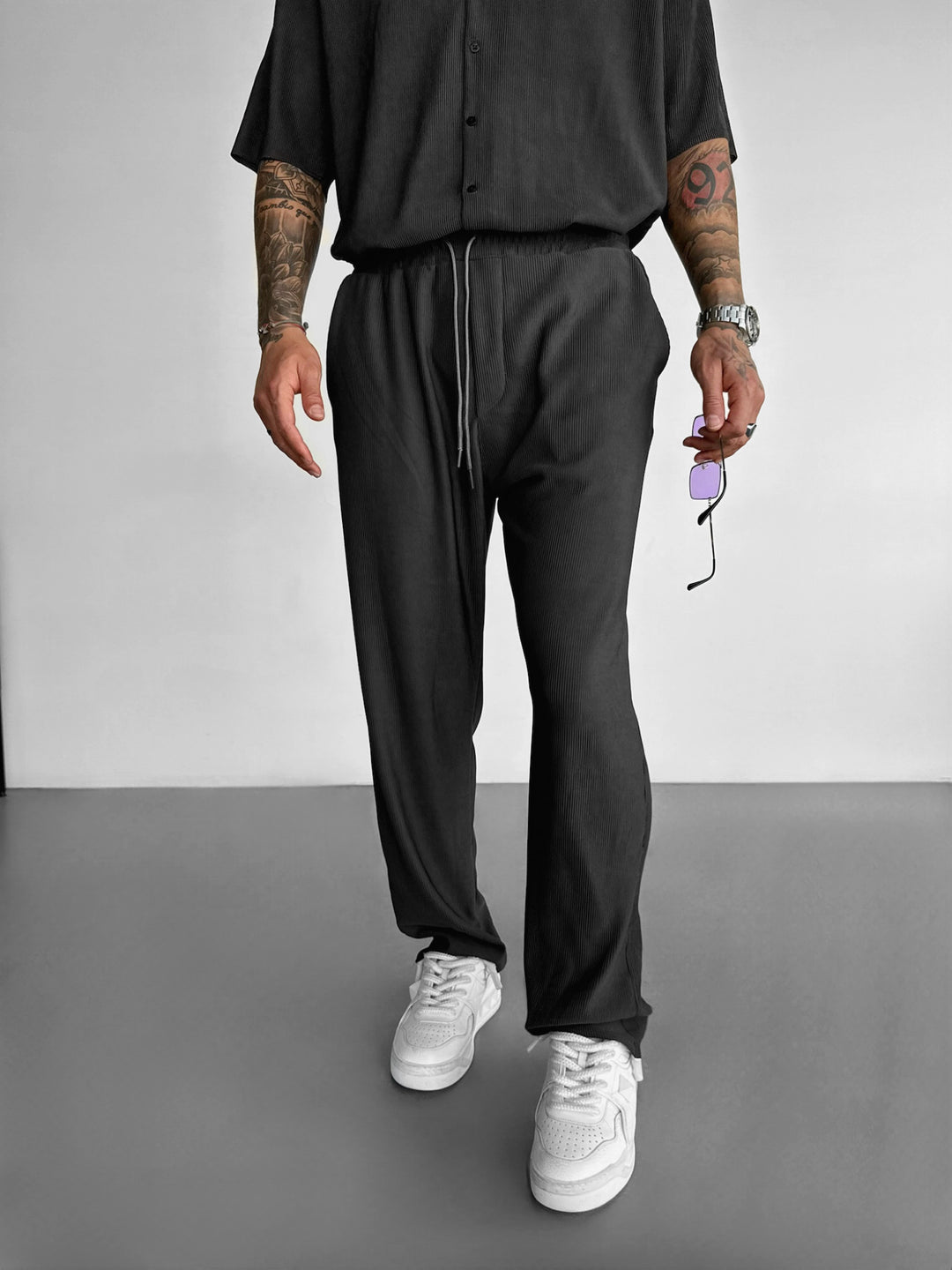 Loose Fit Ribbed Trousers - Anthracite