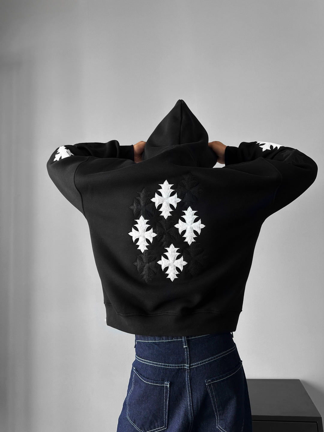 Oversize Gothic Cross Hoodie - Black