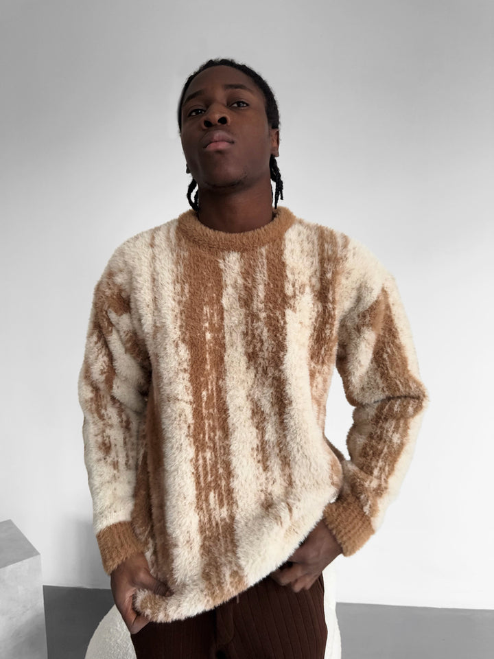 Oversize Brushstroke Effect Knit Pullover - Wood Smoke Cream