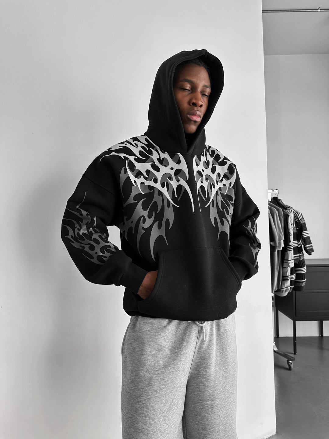 Oversize Tribal Hoodie - Black