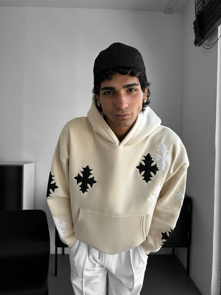 Oversize Gothic Cross Hoodie - Beige