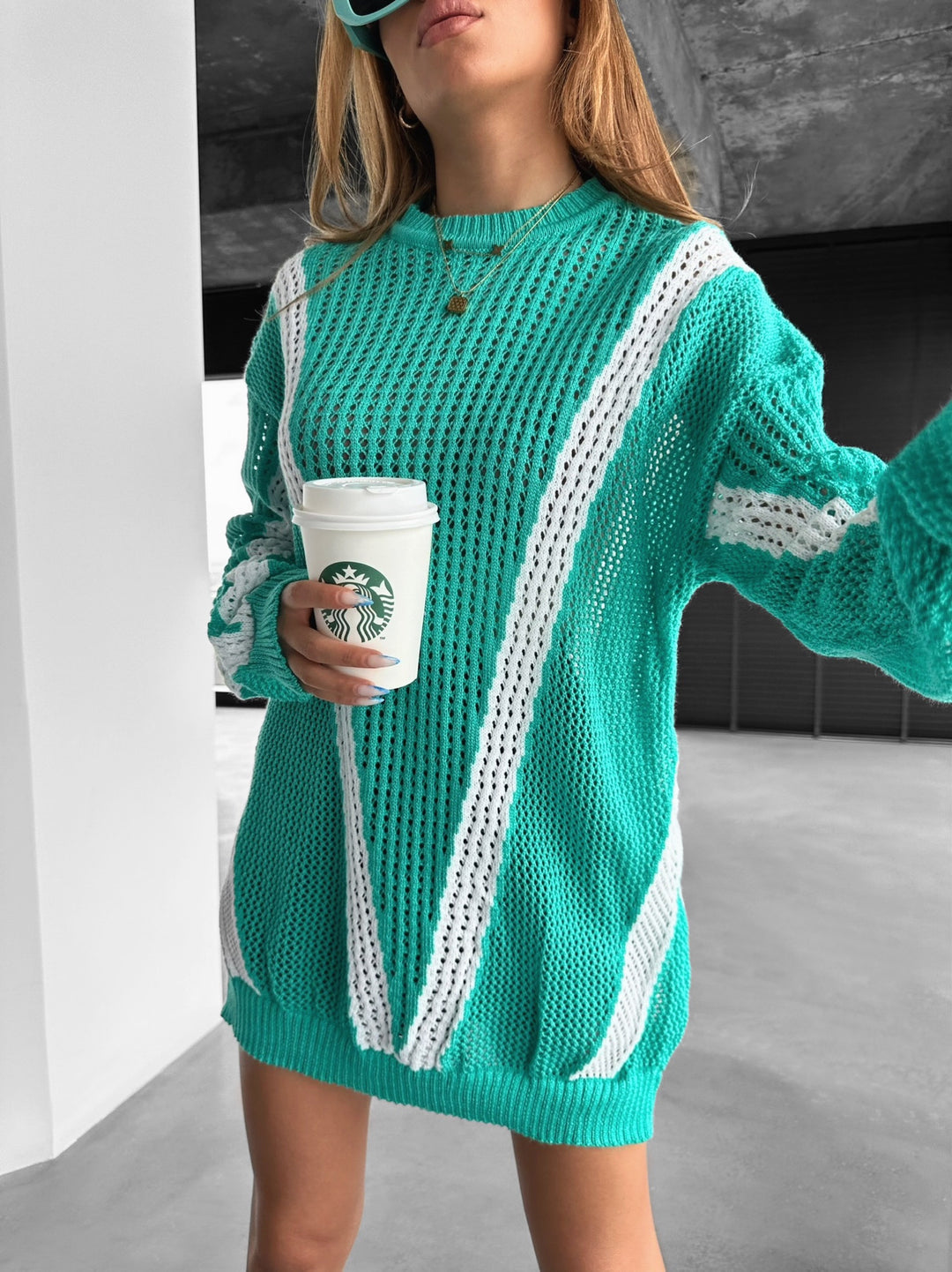 Oversize Line Knit Sweater - Turquoise