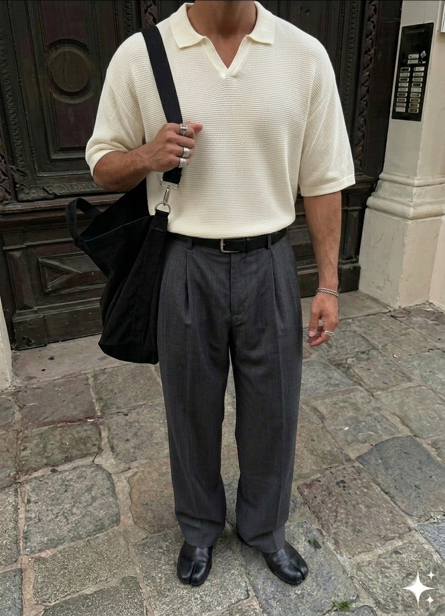 Oversize Collar Ribbed Knit T-Shirt - Ecru