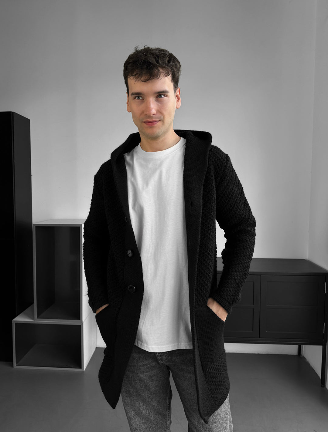 Loose Fit Button Textured Cardigan - Black