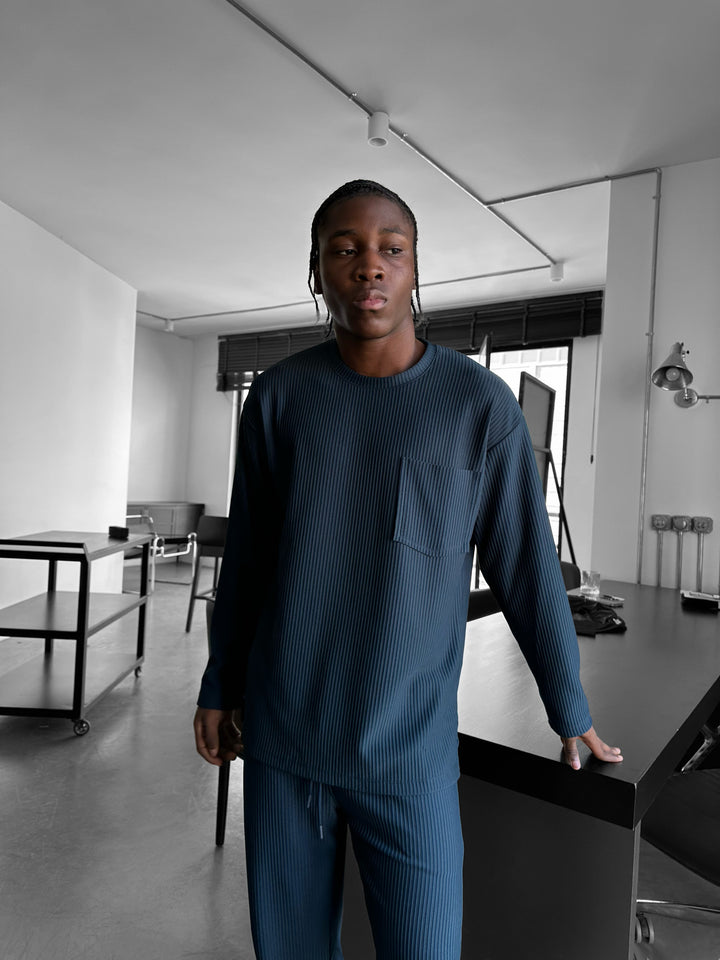 Loose Fit Striped Pocket Sweatshirt - Petrol