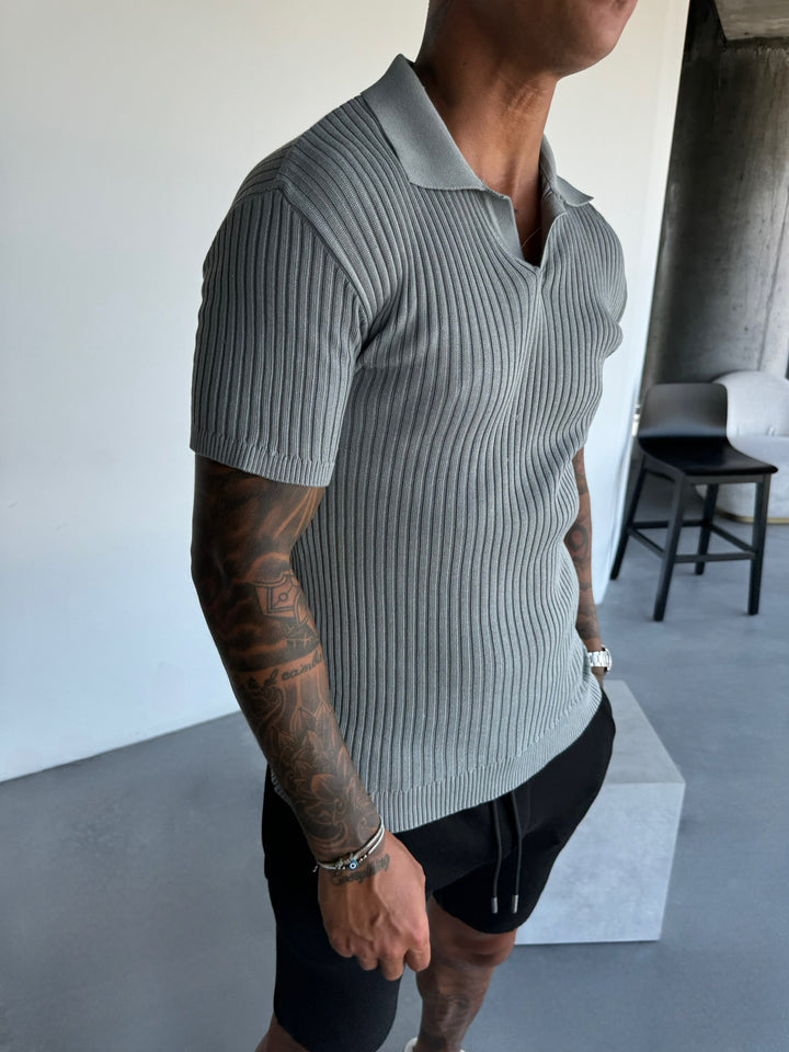 Slim Fit Knit Polo T-Shirt - Light Grey