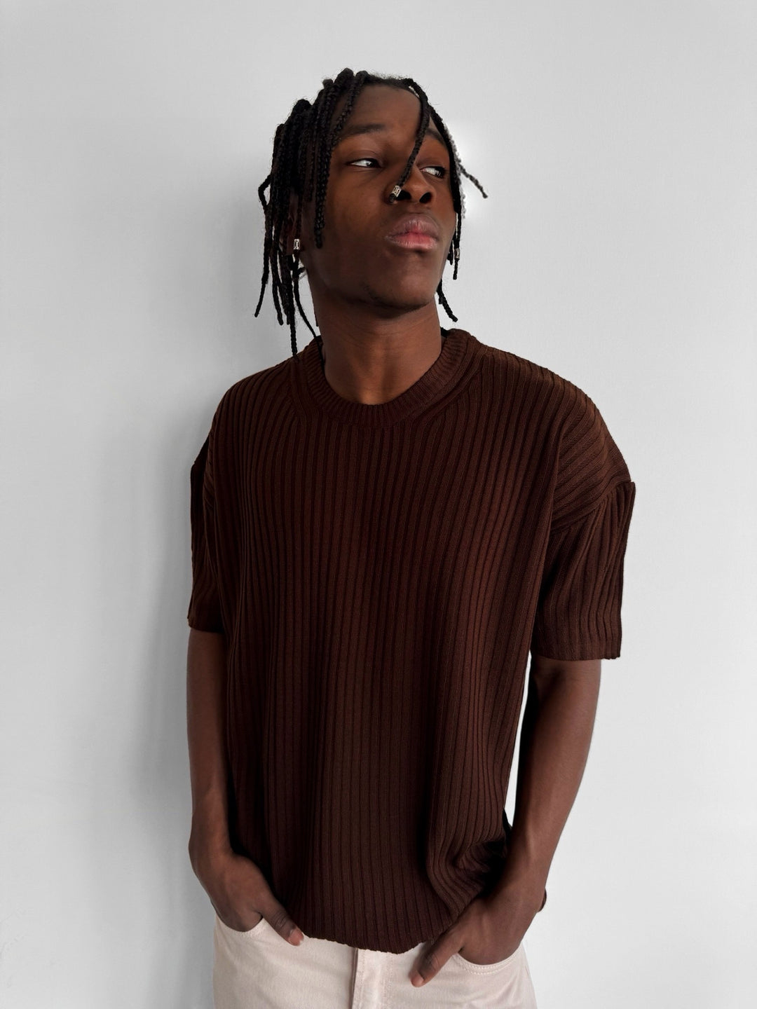 Loose Fit Ribbed Knit T-Shirt - Dark Brown