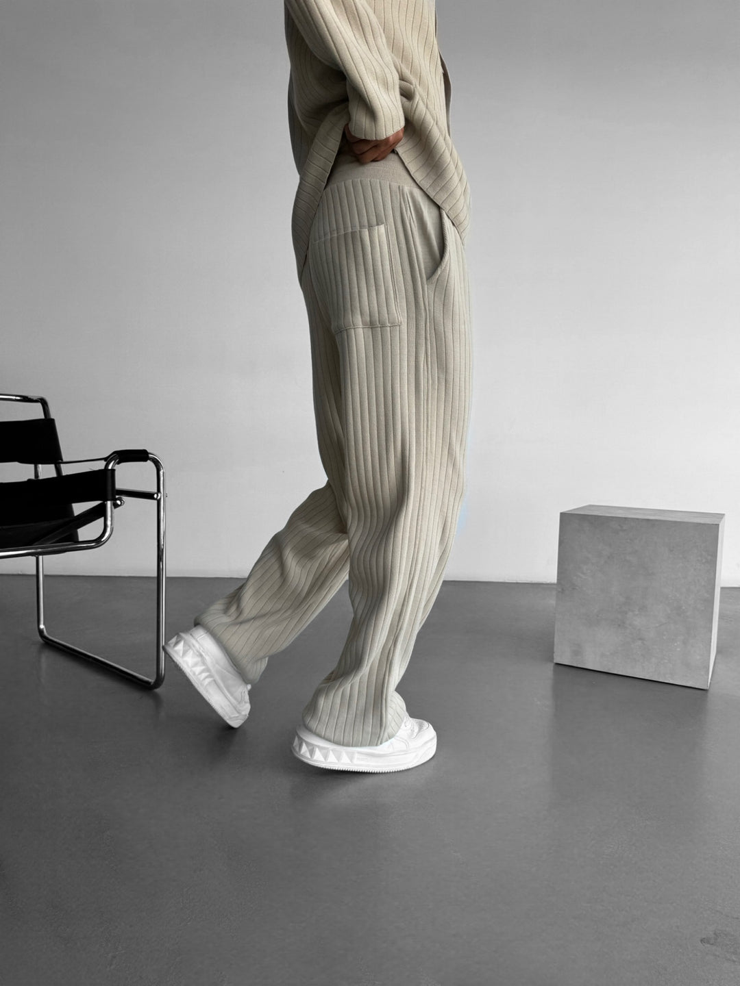 Loose Fit Wide Ribbed Knit Pants - Stone