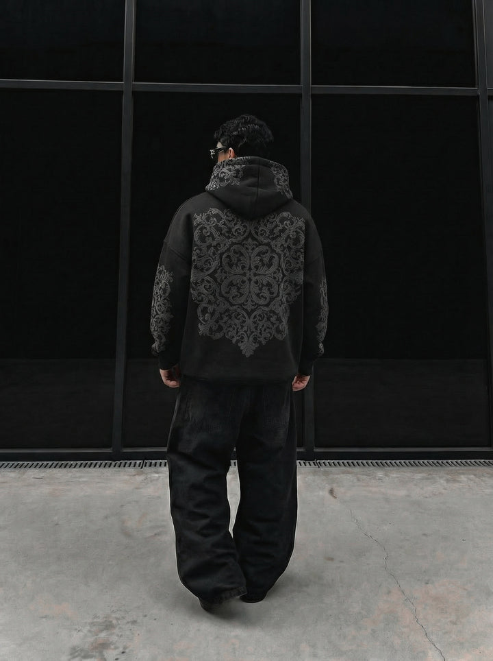 Oversize Carpet Pattern Hoodie - Black and Anthracite