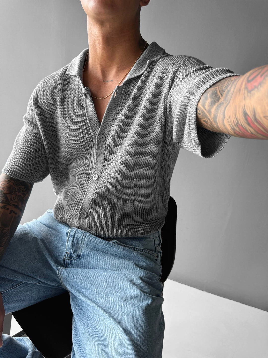 Oversize Long Knit Shirt - Light Grey