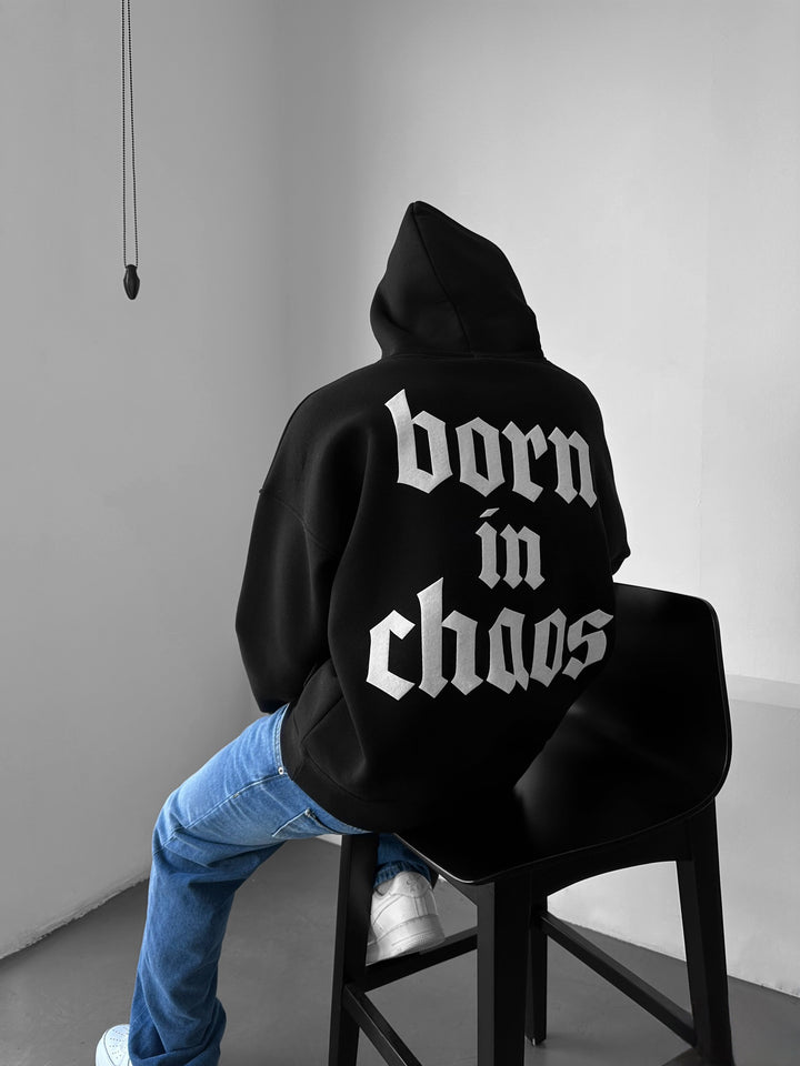 Oversize “Born in Chaos” Hoodie - Black