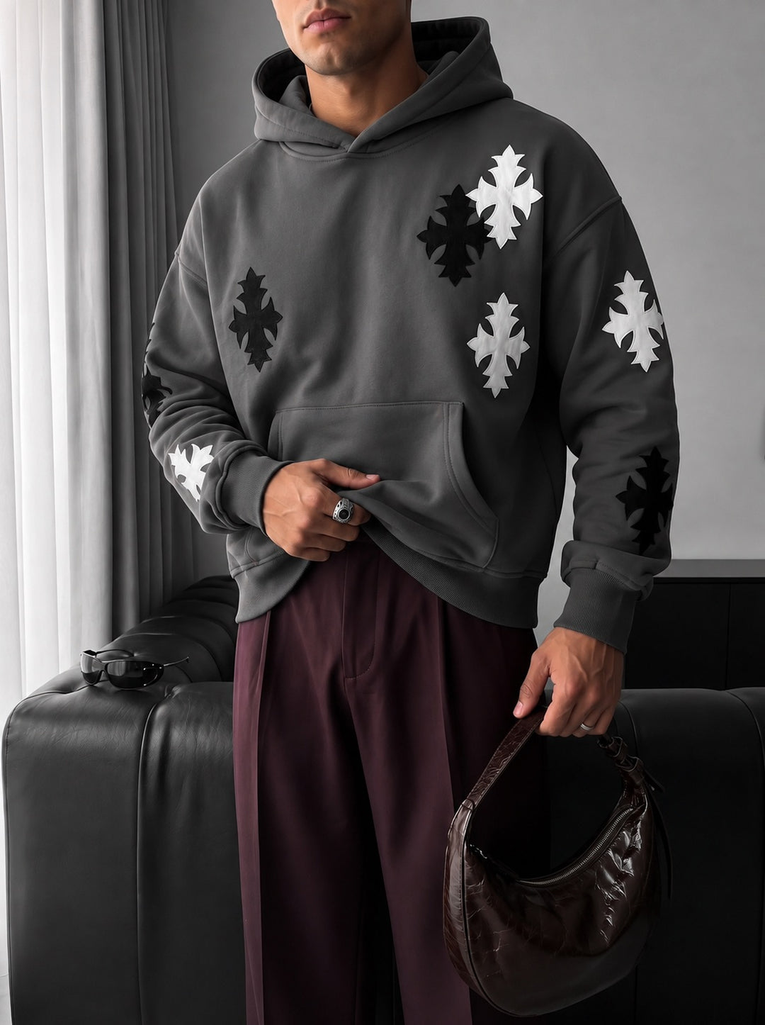 Oversize Gothic Cross Hoodie - Anthracite